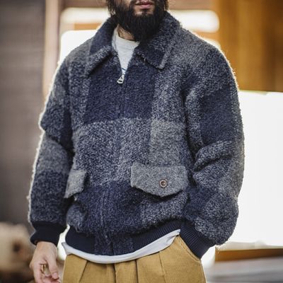 Maden Vintage Men's Plaid Wool Blend Cardigan Jacket Collar Zippered Huntuing Jacket Warm Coat for Autumn Winter Streetwear