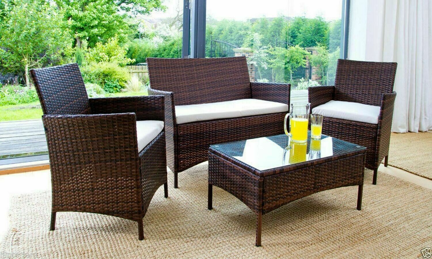 RATTAN GARDEN FURNITURE SET 4 PIECE CHAIRS SOFA - Brown