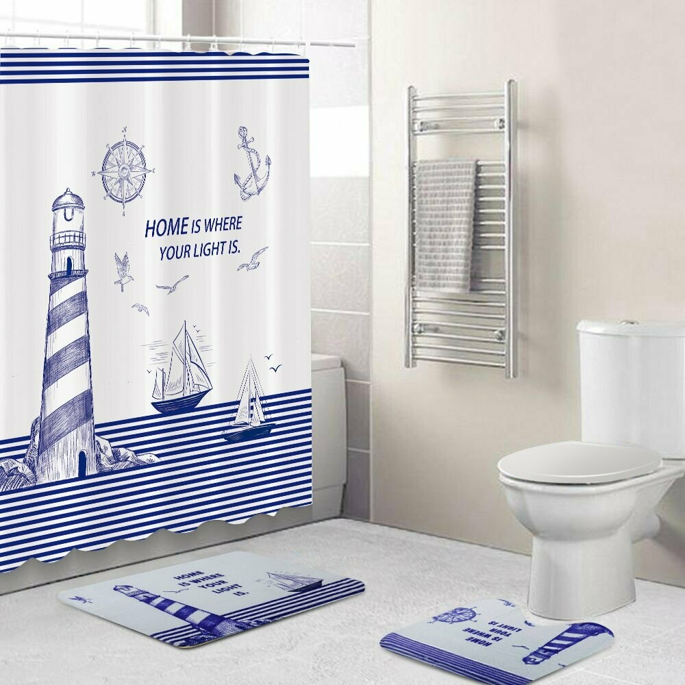 Navy Design: shower curtain 5-pc polyester set with rugs and hooks .