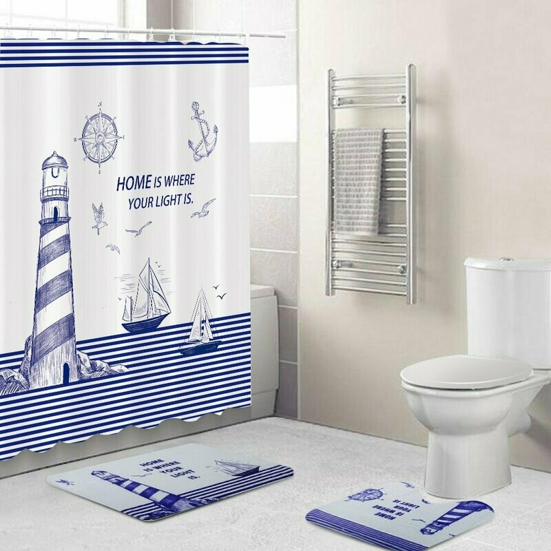 Navy Design: shower curtain 5-pc polyester set with rugs and hooks .