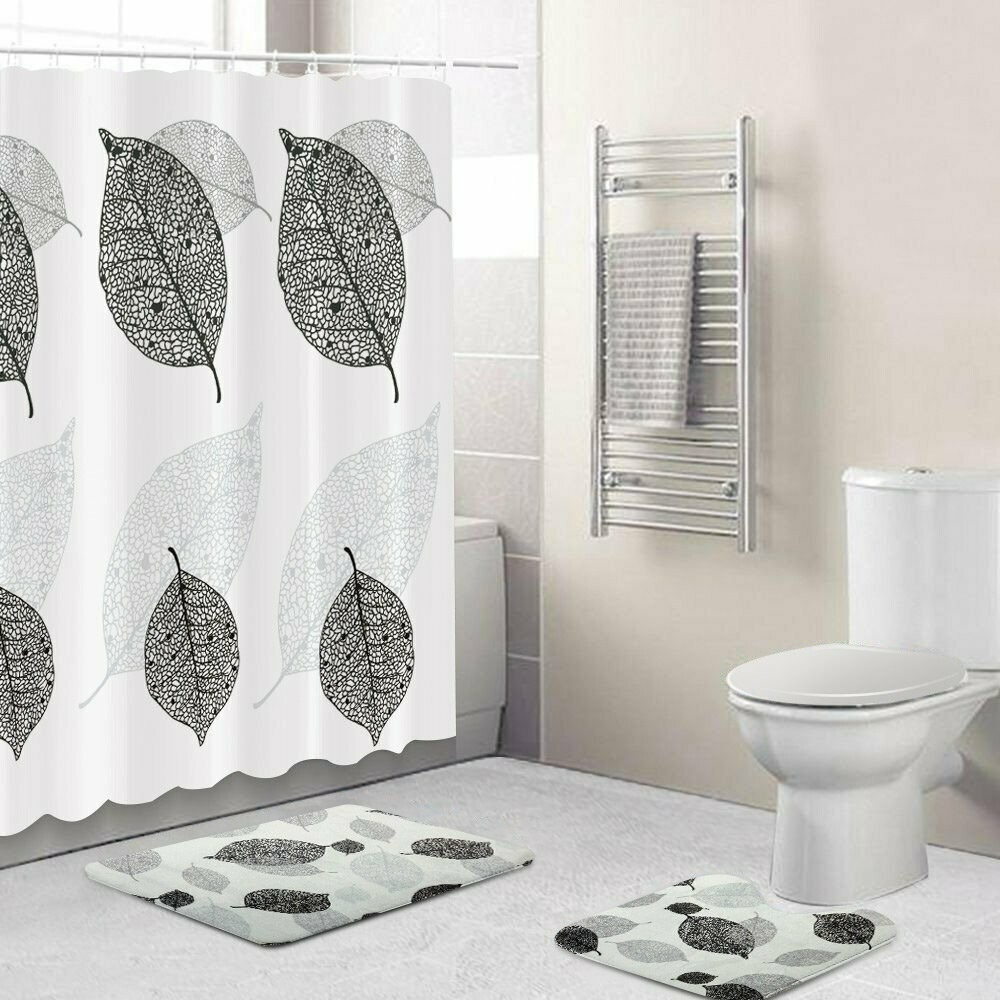 Leaves Design: shower curtain 5-pc polyester set with rugs and hooks .