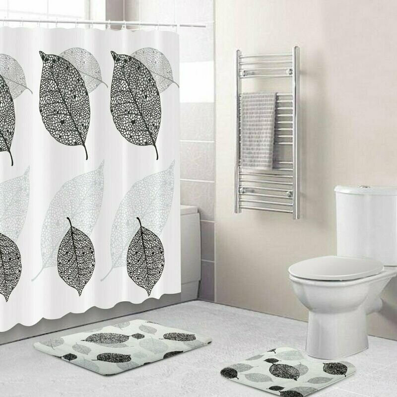 Leaves Design: shower curtain 5-pc polyester set with rugs and hooks .