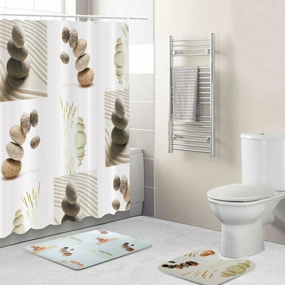 Stone Design: shower curtain 5-pc polyester set with rugs and hooks .