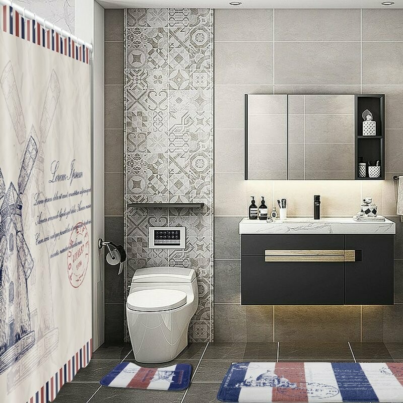 Stamp Design:  shower curtain 5-pc polyester set with rugs and hooks .