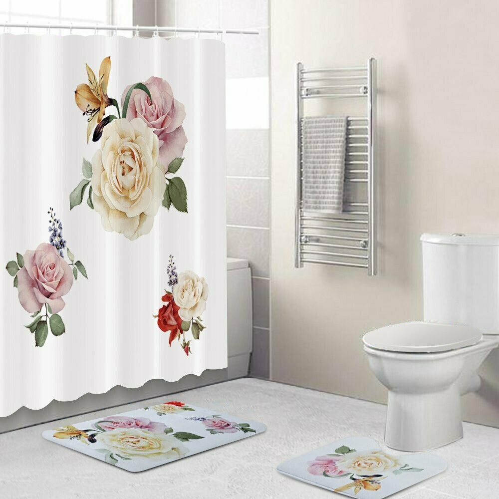 Rose Design: shower curtain 5-pc polyester set with rugs and hooks .