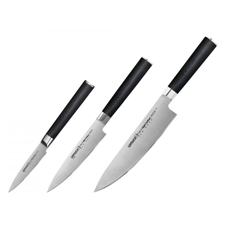 Samura MO-V დანების ნაკრები Сhef's Essential (ბოსტნეულის დანა, უნივერსალური დანა და შეფის დანა)