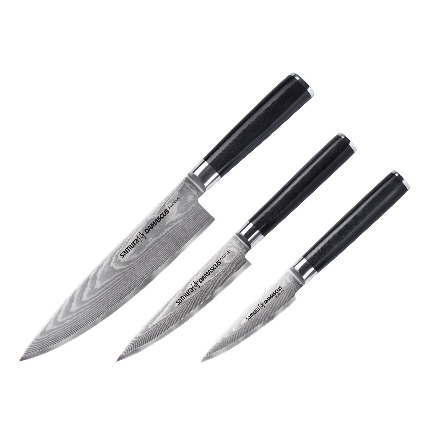 Samura Damascus დანების ნაკრები (ბოსტნეულის, უნივერსალური და შეფის დანა), სასაჩუქრე ყუთი