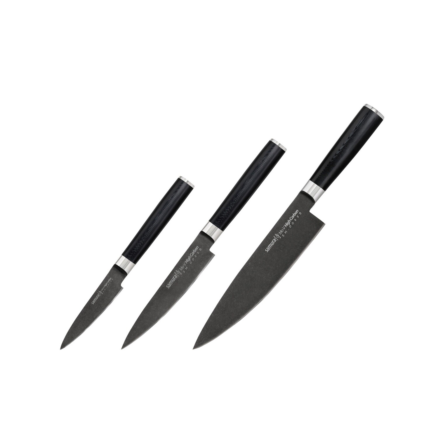 Samura MO-V Stonewash დანების ნაკრები Сhef&#39;s Essential (ბოსტნეულის დანა, უნივერსალური დანა და შეფის დანა), სასაჩუქრე ყუთი