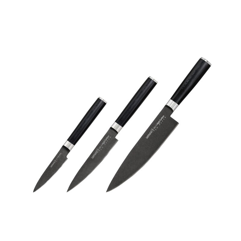 Samura MO-V Stonewash დანების ნაკრები Сhef's Essential (ბოსტნეულის დანა, უნივერსალური დანა და შეფის დანა), სასაჩუქრე ყუთი