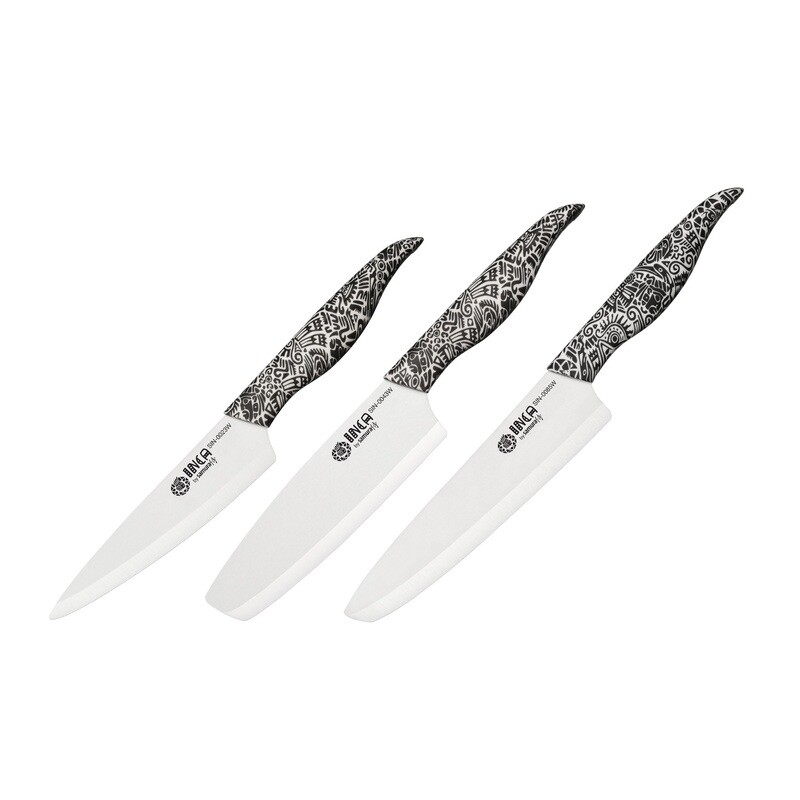 Samura INCA დანების ნაკრები, 3 დანა (უნივერსალური 155მმ, Nakiri 165მმ, შეფის დანა 187მმ), თეთრი