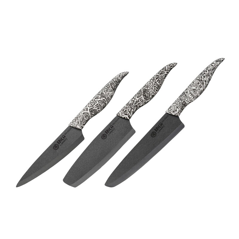 Samura INCA დანების ნაკრები, 3 დანა (უნივერსალური 155მმ, Nakiri 165მმ, შეფის დანა 187მმ), შავი