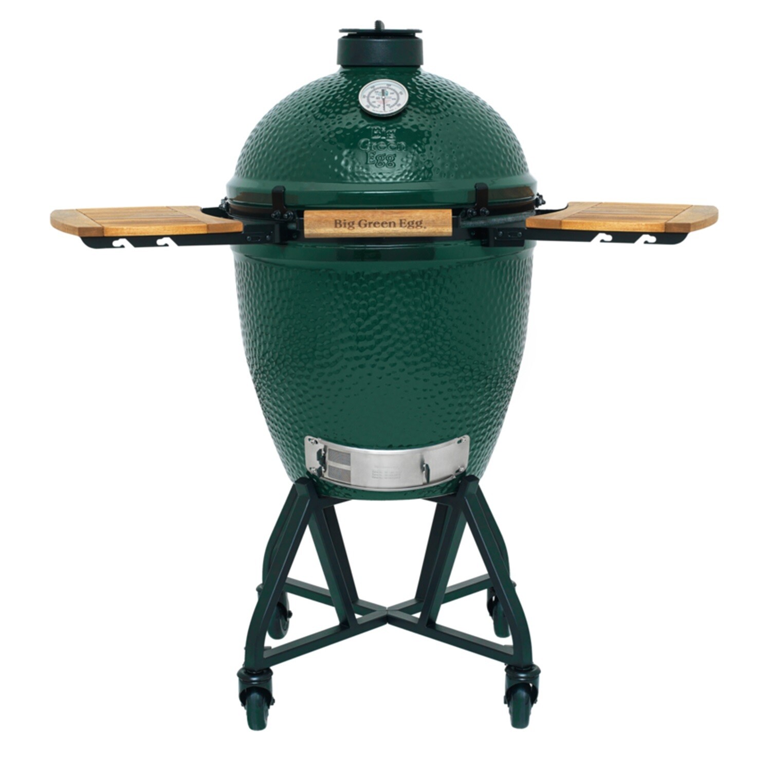 კერამიკული ნახშირის გრილი Big Green Egg Large ინტEGGრირებული სადგამითა და აკაციის დასაკეცი თაროებით
