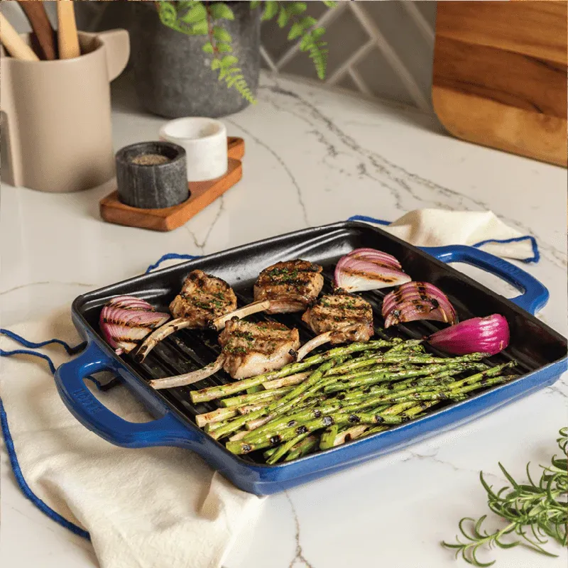 Lodge Enamel 11” Blue Cast Iron Grill Pan - Lodge ემალირებული თუჯის გრილის ტაფა Ø 28 სმ, ლურჯი