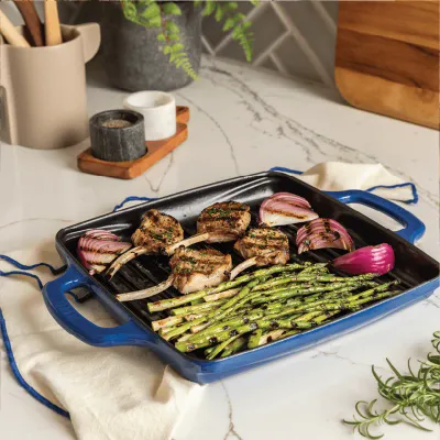 Lodge Enamel 11” Blue Cast Iron Grill Pan - Lodge ემალირებული თუჯის გრილის ტაფა Ø 28 სმ, ლურჯი