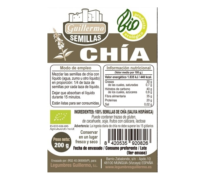Semillas Chia Bio Guillermo 200 gr