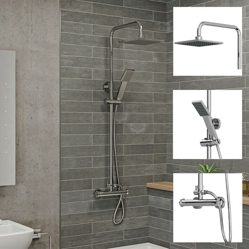 Bathroom Thermostatic Mixer Shower Set Square Chrome Twin Head Exposed Valve