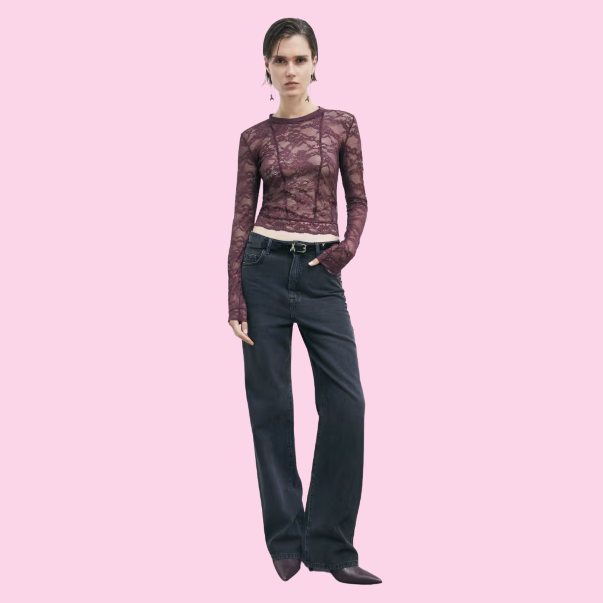 Patrizia Pepe Long Sleeve Top In Stretch Lace Purple