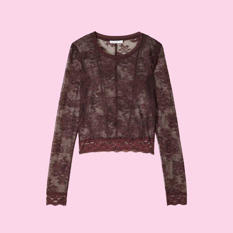 Patrizia Pepe Long Sleeve Top In Stretch Lace Purple