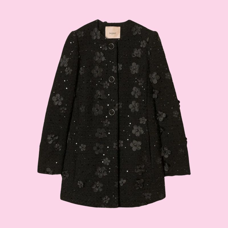 Twinset Boucle Coat With Flowers And Sequins