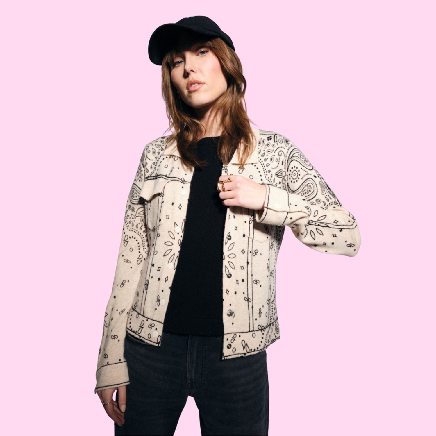 Wool Cardigan Bandana Print Sable