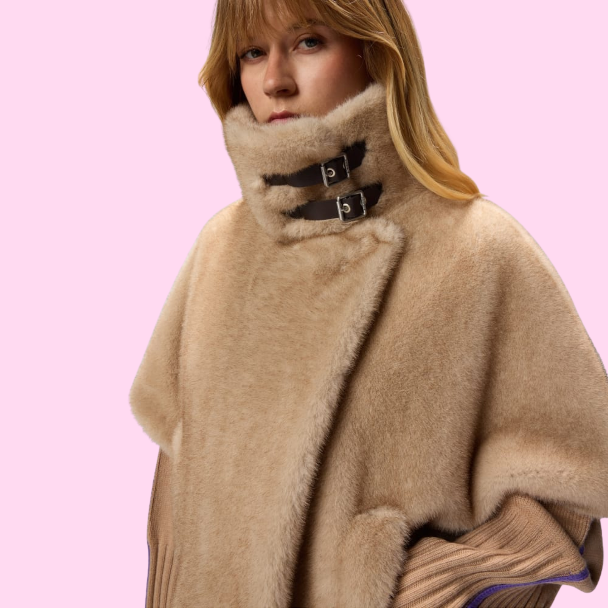 Pinko Comodino Fake Fur Cape Beige
