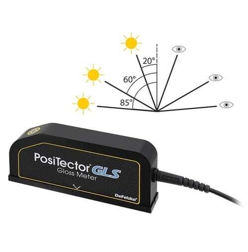 Portable gloss meter DeFelsko PosiTector GLS 20° / 60° / 85° (probe only)

Suitable for high-, semi-, and matte- gloss applications

Calculates Haze (Haze Index)

Measurement Area 20°: 10 x 10 mm; 60°: 10 x 20 mm; 85°: 4 x 45 mm

Measurement Range 20°: 0 – 2,000 GU; 60°: 0 – 1,000 GU; 85°: 0 – 160 GU

Repeatability: ±0.2 GU (<100 GU), ±0.2% (>100 GU)

Reproducibility: ±0.5 GU (<100 GU), ±0.5% (>100 GU)

Fast measurement speeds of 60+ readings per minute

Automatic Diagnosis and Auto Calibration performed upon power-on using the protective base plate with integrated calibration standard (tile)
2 Powerful Scan Modes for quantifying large surfaces
• Normal – take continuous readings
• Statistics – take continuous readings and record average, standard deviation, min/max, and number of readings while scanning (Advanced models only)
USB, WiFi, and Bluetooth connectivity to PosiSoft software (PC, Mac) and Smartphone App
Certificate of Calibration showing traceability to NRC for both the probe & gloss standard included
Conforms to ASTM C584/D523/D4039, ISO 2813/7668, JIS Z 8741, AS/NZS 1580.602.2
Statistics mode continually displays/updates average, standard deviation, min/max, and number of readings during measurement
Screen Capture—save 100 screenshots for record keeping and review
HiLo alarm audibly & visibly alerts as soon as measurements exceed user-specified limits—can be used as Pass/Fail for quick inspection
Instant-on feature quickly powers up the gage if recently powered down
USB port for fast connection to a PC or Mac and to supply continuous power. USB cable included
View pre-formatted reports & .csv data with PosiSoft USB Drive—no additional software needed!
A DeFelsko PosiTector Advanced or Standard Gage Body is mandatory for this probe to work