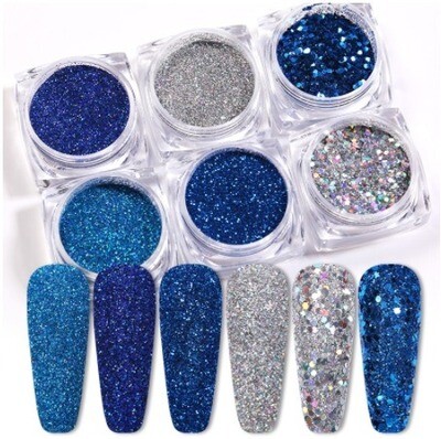 6pcs/ Set Blue Silver / Holographic Nail Powder Set