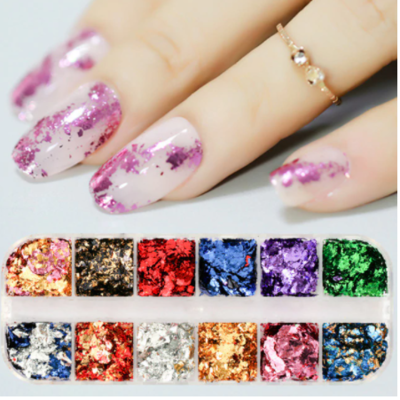 12 colors/set Nail Art Colorful Glitter Aluminum Foils 3D Flake Sticker