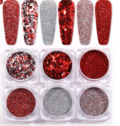 6Pcs/Set Brown Silver Colorful Nail Glitters Set Holographic Nail Powder