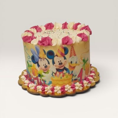 Torta Mickey y Minnie personalizada con imagen comestible para cumpleaños infantil en Bogotá
