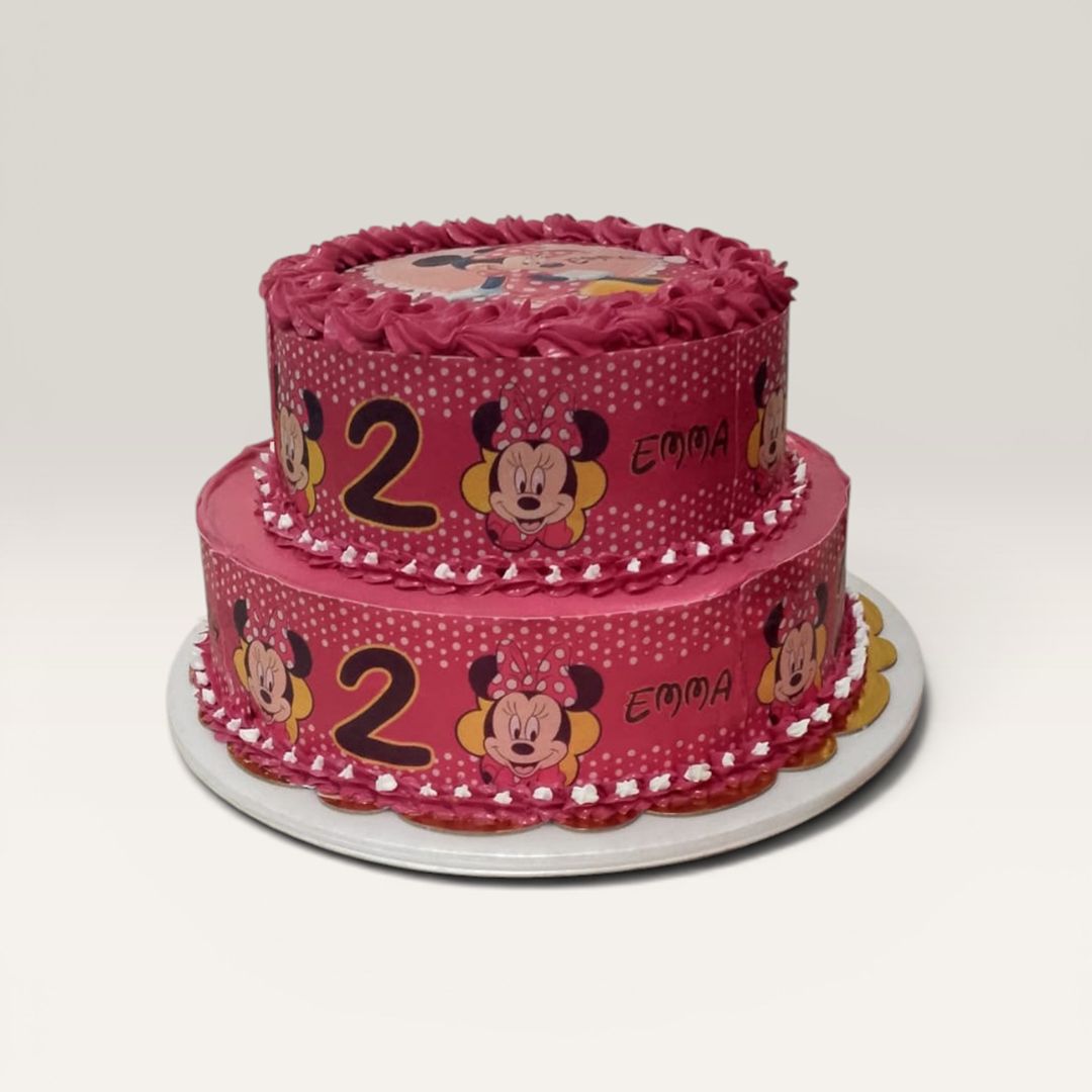 Torta Minnie personalizada de dos pisos con imagen comestible para cumpleaños infantil en Bogotá