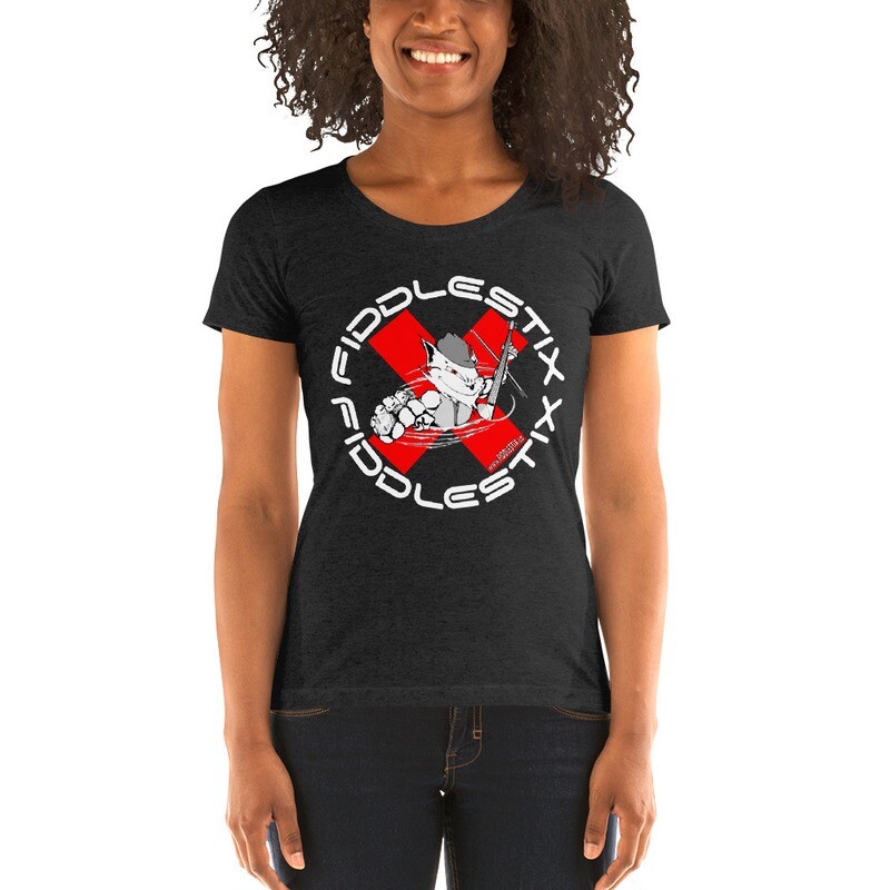 Fiddlestix Ladies&#39; short sleeve tee, large logo on front, small logo on back