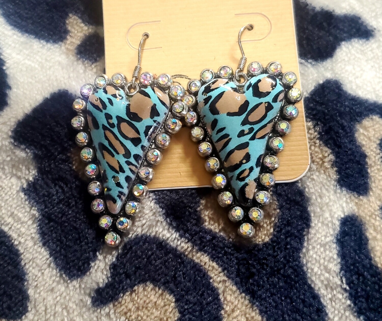 Blue Leopard Heart Earrings