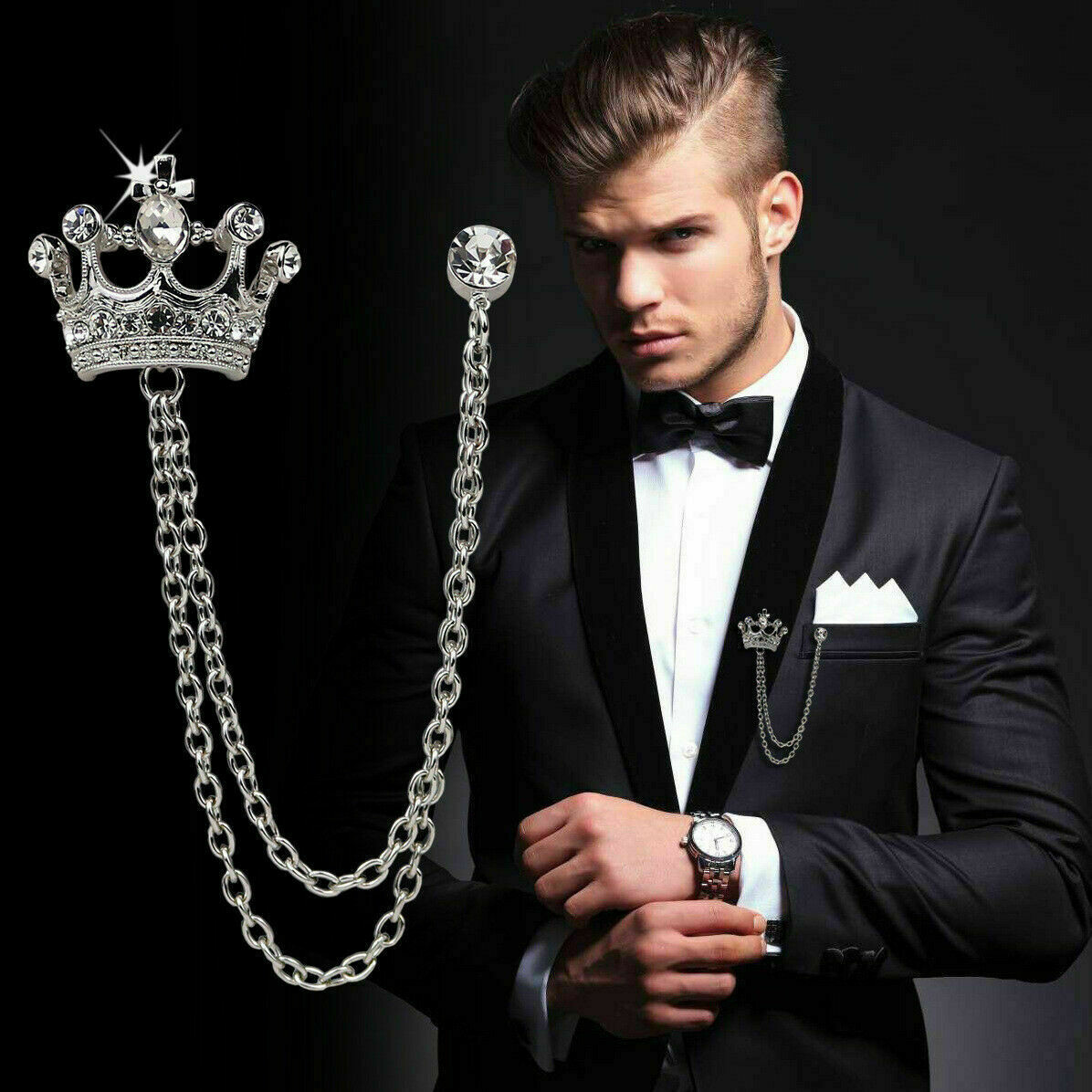 Mens Royal Crown Clip Chain Brooch
