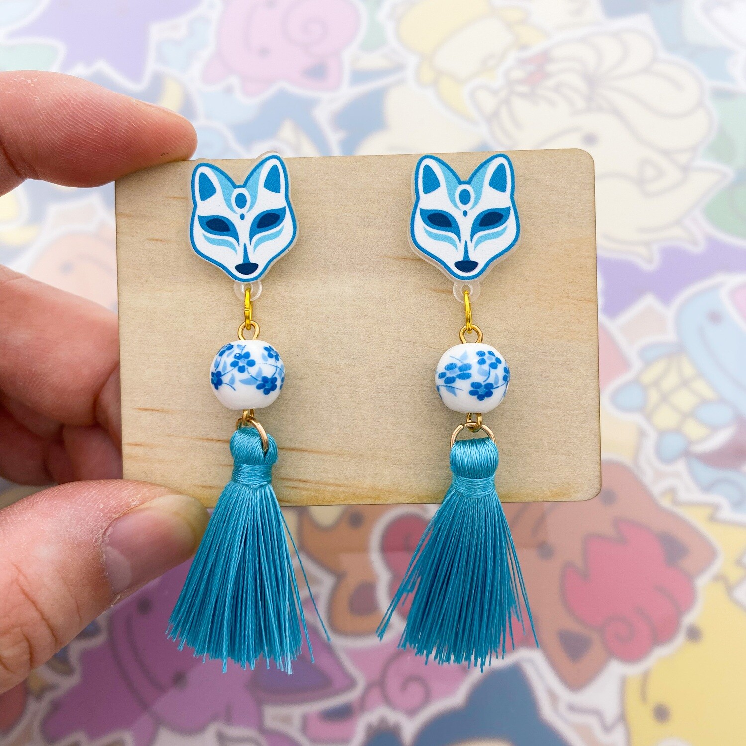 Kitsune Mask Blue Dangle Earrings