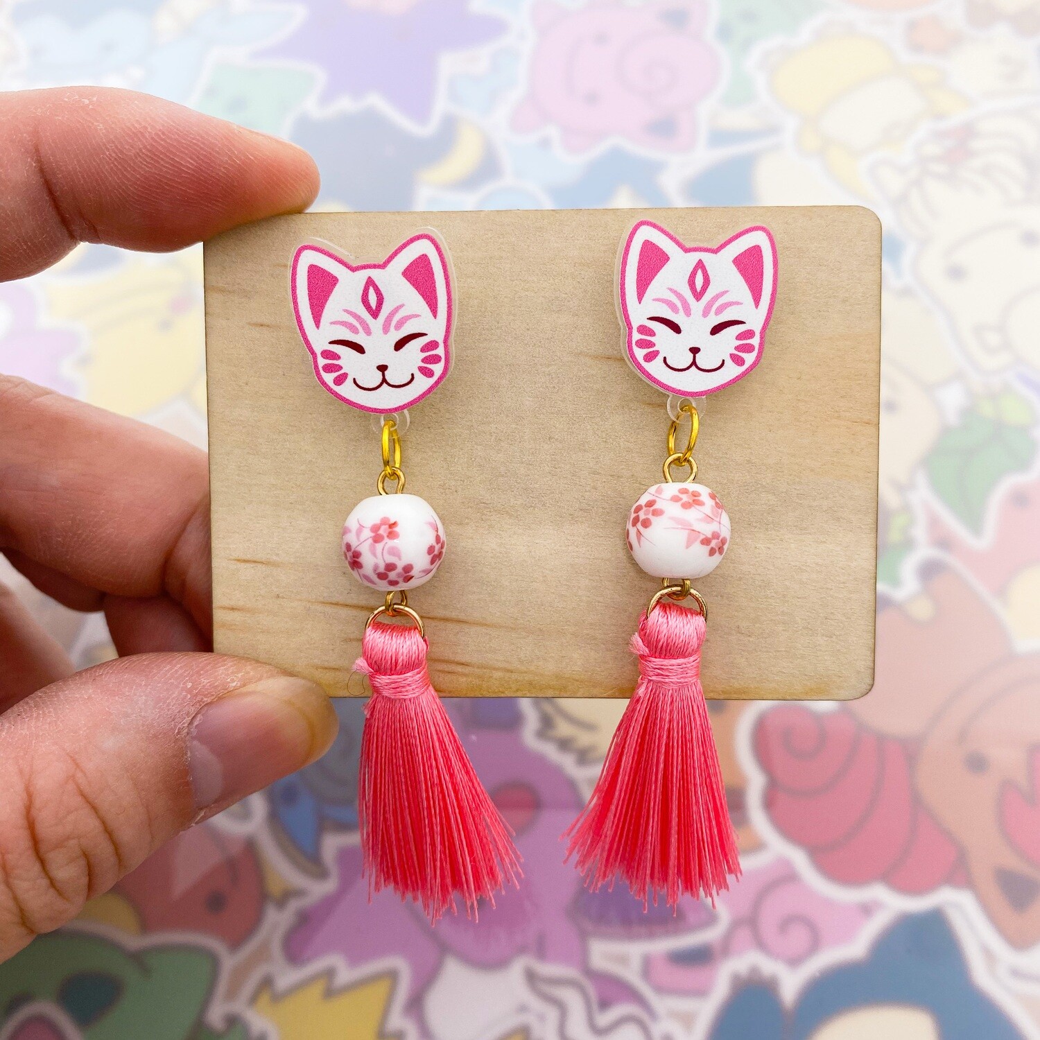 Kitsune Mask Pink Dangle Earrings