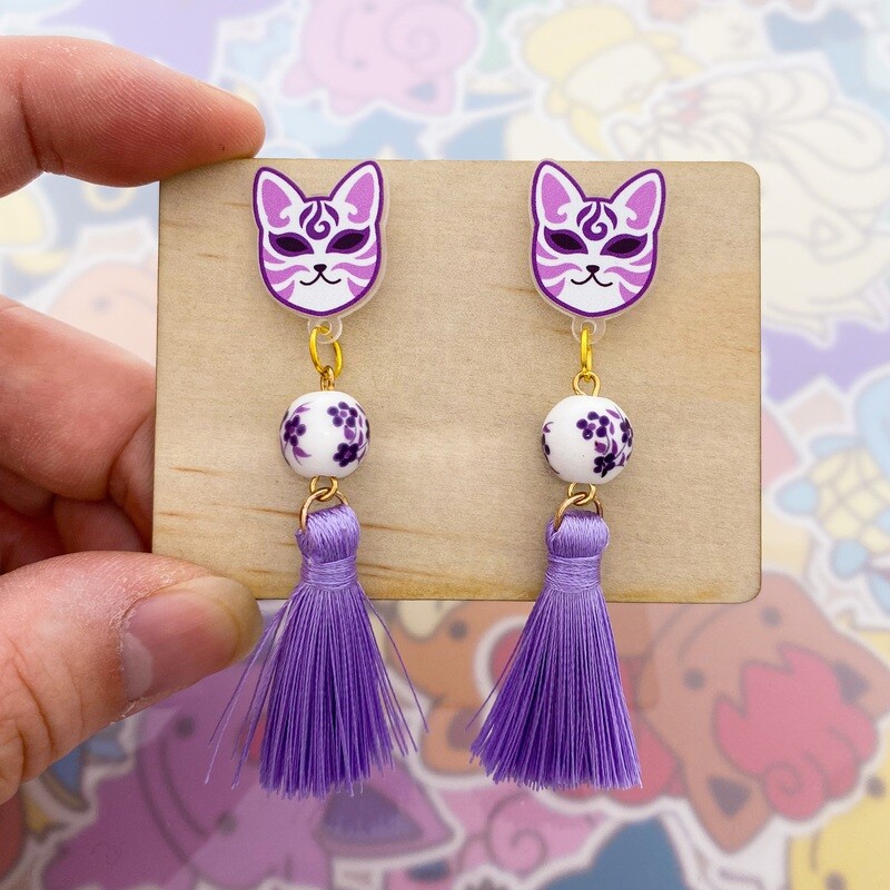 Kitsune Mask Purple Dangle Earrings