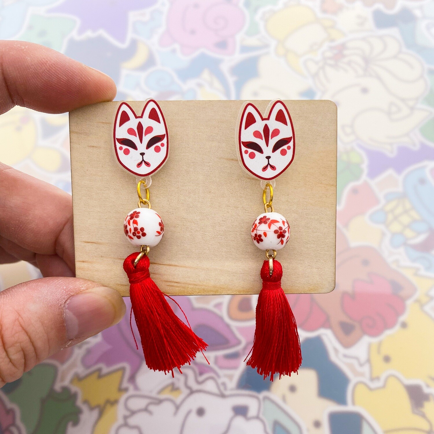 Kitsune Mask Red Dangle Earrings