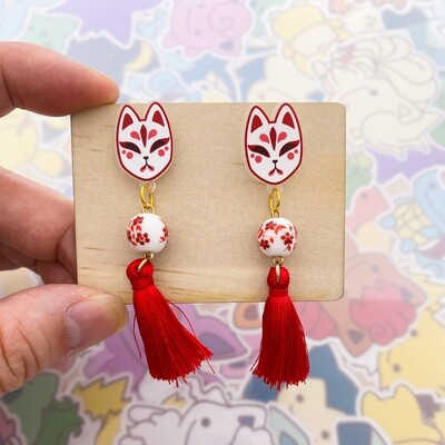Kitsune Mask Red Dangle Earrings
