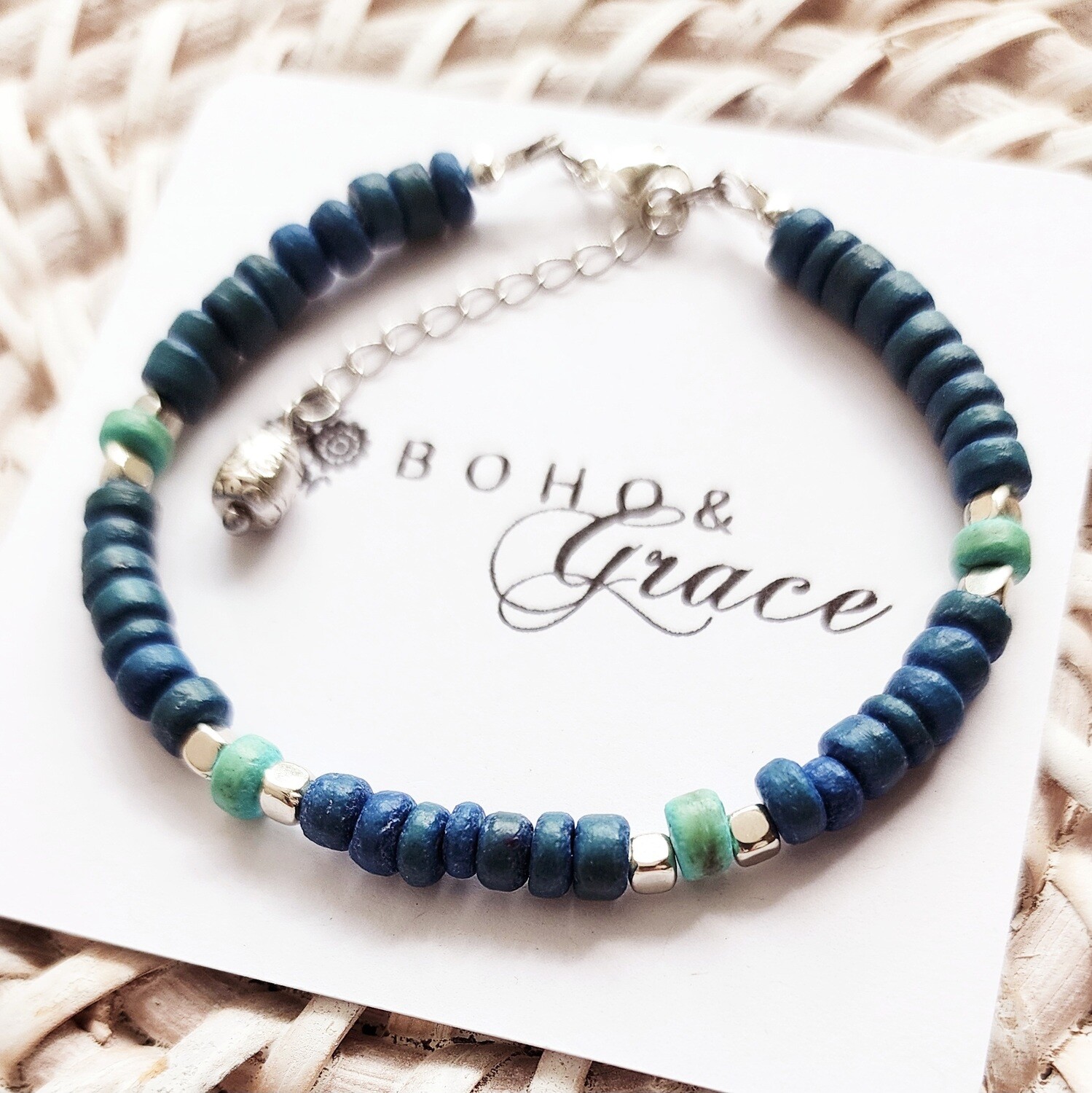 Coco Azure Blue, Silver &amp; Tourquise Clasp Bead Bracelet