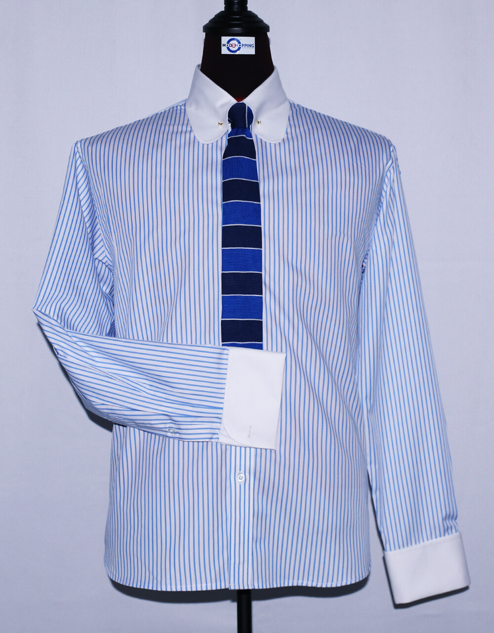 Pin Collar | Sky Blue And White Striped Dress Men Shirt