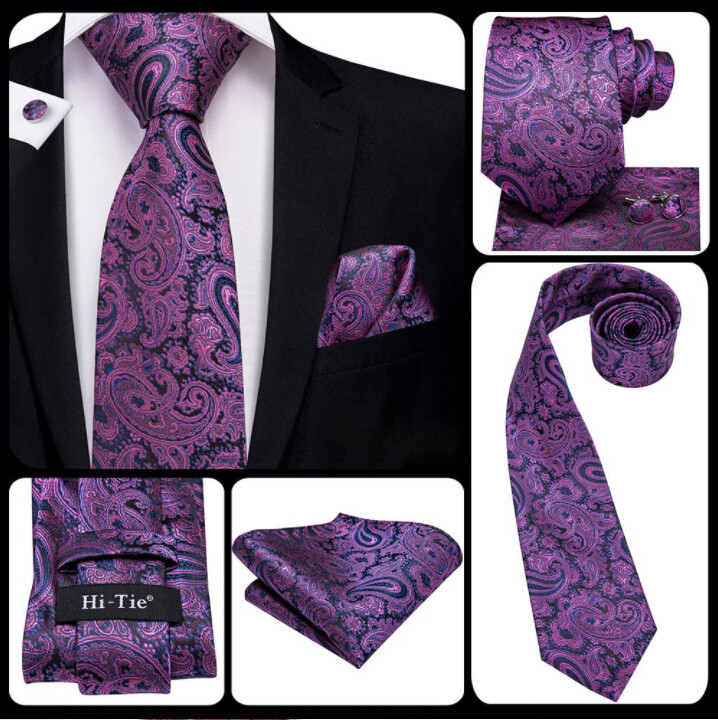 Mens Necktie Set Purple And Black Paisley