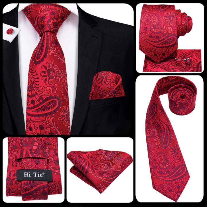Mens Necktie Set Red And Burgundy Paisley