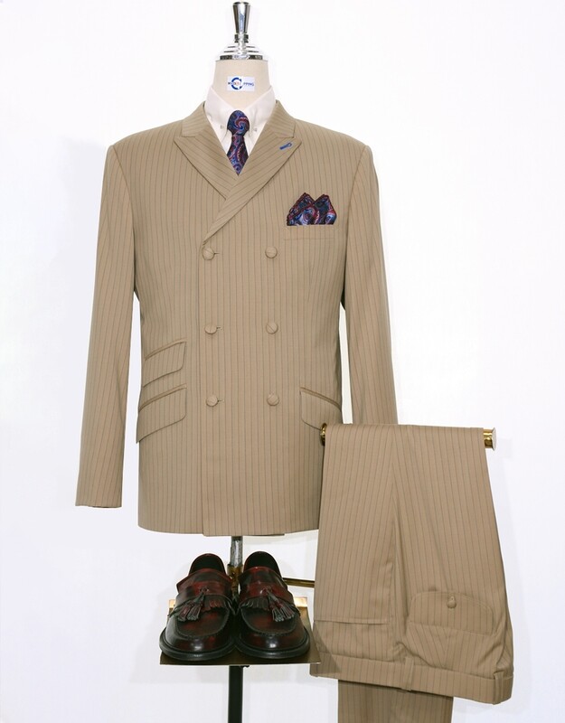 Double Breasted Suit | Khaki With Blue Stripe 60s Suit