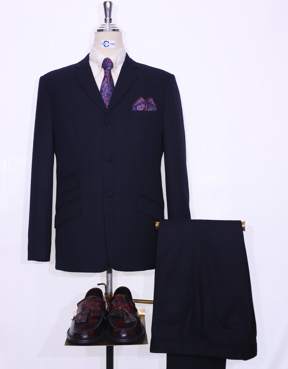 Pinstripe Suit | Dark Blue Pinstripe 3 Button Mod Suit