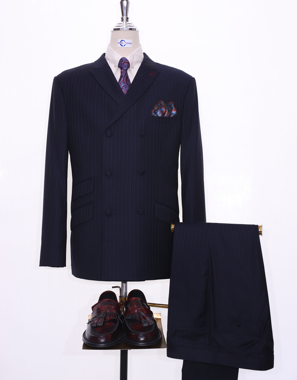 Double Breasted Navy Blue Striped Suit Jacket 40R & 34/32 Trouser