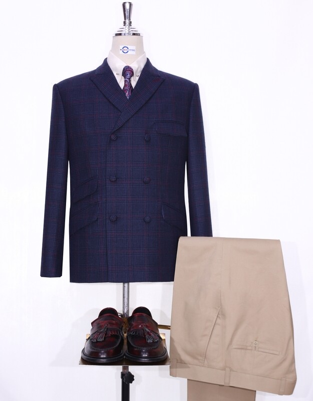Tweed Jacket | Navy Blue Prince Of Wales Check Double Breasted  Jacket