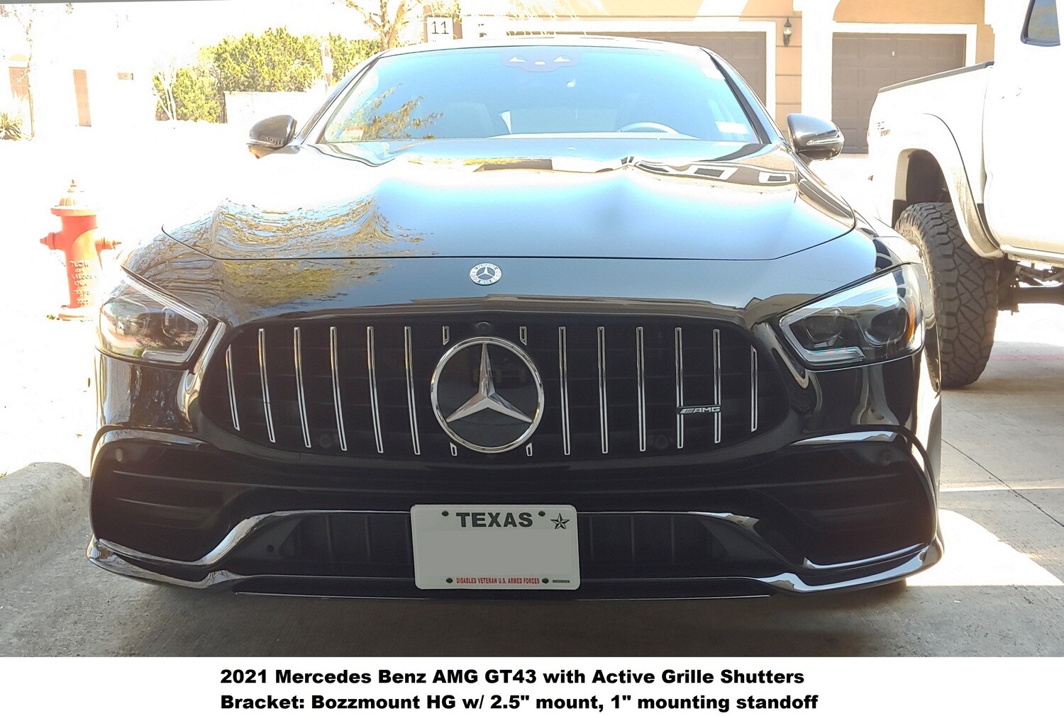 Sly bracket fits 2021 Mercedes-Benz GT43 and GT53 with horizontal slats lower grille.