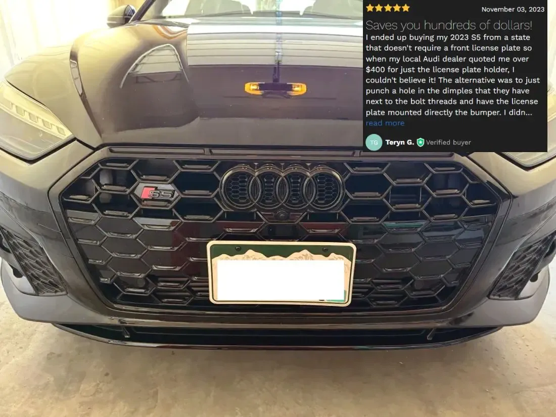 True no-drill front license plate holder mount relocator for Audi A4, A5 A6, S4, S5, S6 Sportback Allroad 