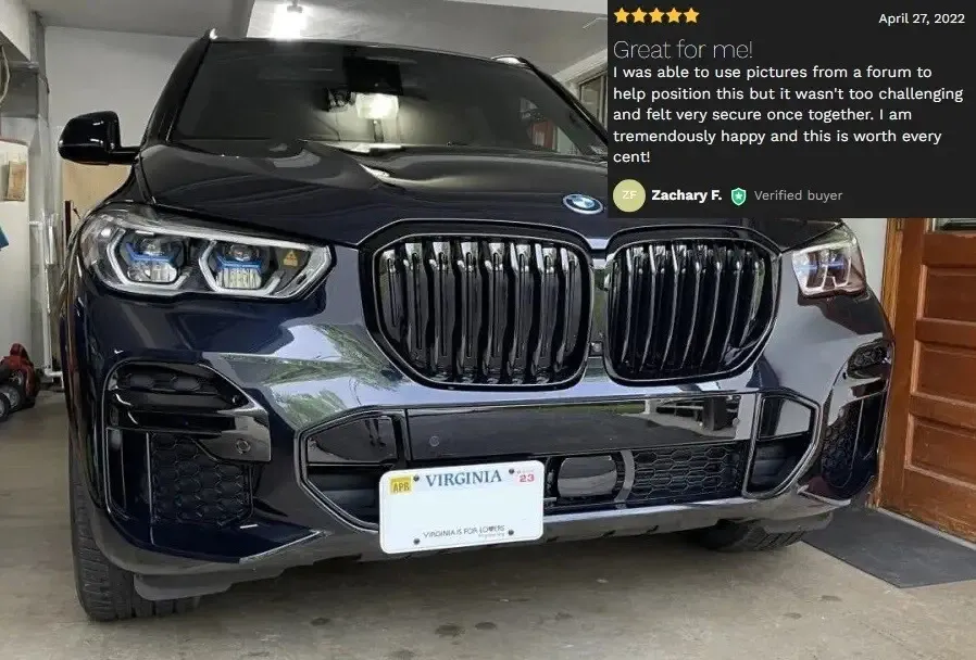 bmw x5 no drill no holes front license plate holder bracket munt frame relocator off-center